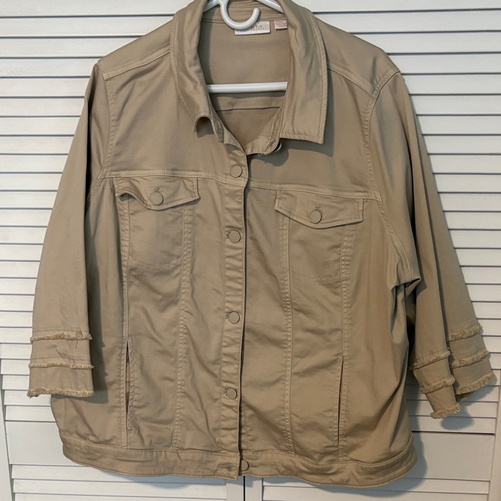 Belle By Kim Gravel TripleLuxe 3/4 Sleeve Denim Jacket 2X Sand Bar